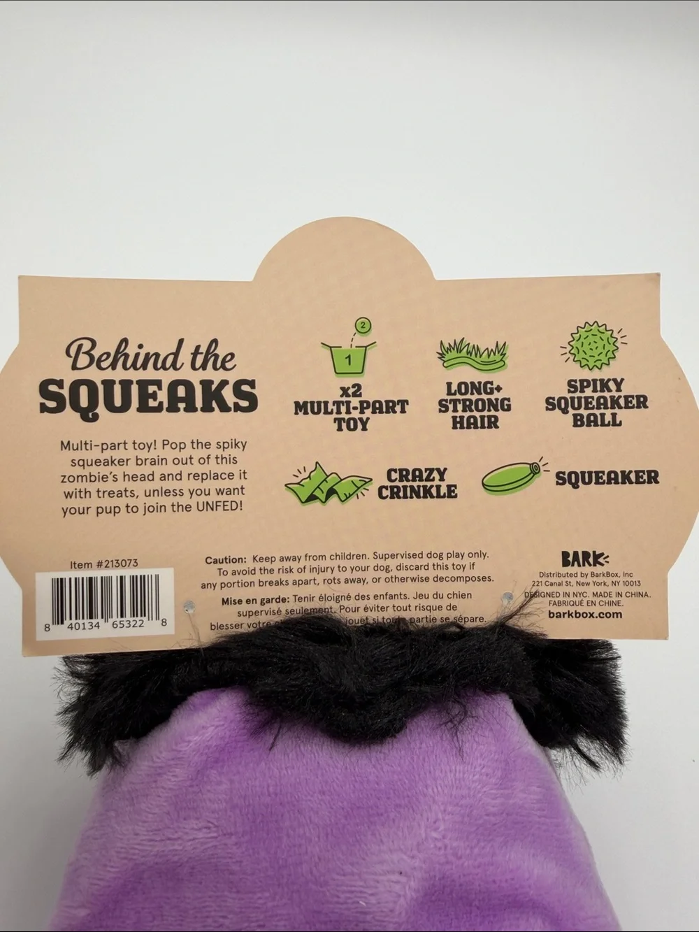 Bark BRiiiiiian Purple Plush Dog Toy with Pink Spike Top and Black Fuzzy Trim